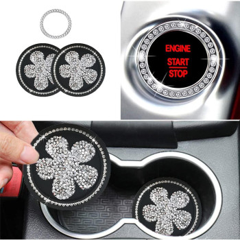 2pcs Flower Car Coasters & 1pcs Push to Start Button Cover Ring Cute Car Accessories for Women Interior 2.75 inch