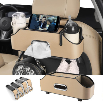 HOLDCY Car Back Seat Organizer with 2 Drink Cup Holder - Tissue Box and Storage Box Hook - Multi-Functional Storage - Great for Kids and Travel (Beige)