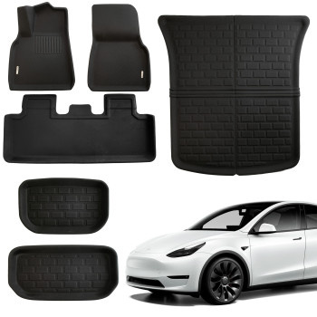 Pedigree Floor Mats Full Set for Tesla Model Y Accessories 2023 2022 2021, XPE All Weather for Model Y Floor Mats 2023 Front Rear Trunk Cargo Liner Mat,Waterproof Interior Accessories 5 Seater