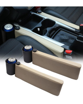 Tumecos Car Seat Gap Filler Pad PU Leather Console Fill The Gap Between Seat and Console Side Pocket Organizer with Cup Holders 2Pcs (Beige)