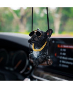 Floruit French Bulldog Car Mirror Hanging Accessories Cute Swinging Dog Rear View Mirror Accessories for Men & Women (Black)