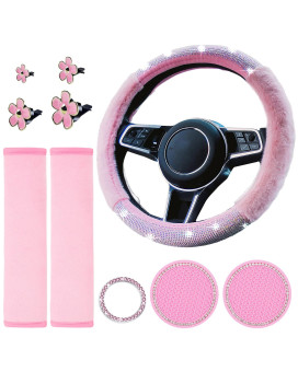 Pink Steering Wheel Cover Women Bling Rhinestone Fluffy Steering Wheel Cover Elastic Universal Fit 15 Inch Fuzzy Steering Wheel Cover Girly Car Accessorie Women Interior Set (Pink)