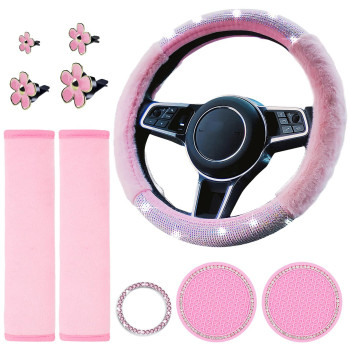 Pink Steering Wheel Cover Women Bling Rhinestone Fluffy Steering Wheel Cover Elastic Universal Fit 15 Inch Fuzzy Steering Wheel Cover Girly Car Accessorie Women Interior Set (Pink)