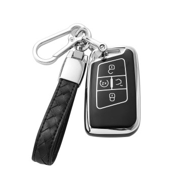 Aideco Compatible with VW Volkswagen Key Fob Cover with Leather Lanyard, Car Key Case Shell Protection for Volkswagen Tiguan Atlas Jetta Passat Golf Alltrack Smart Remote Control (Black)