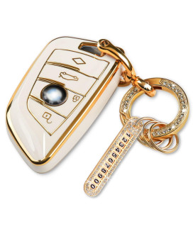 Swenafer Key Fob Cover Case with Bling Keychain for BMW Accessories, Soft TPU Beige Key Cover Compatible with 2 5 6 7 Series X1 X2 X3 X5 X6