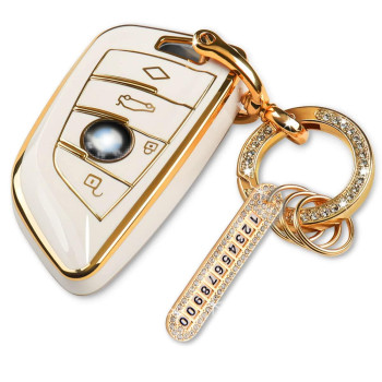 Swenafer Key Fob Cover Case with Bling Keychain for BMW Accessories, Soft TPU Beige Key Cover Compatible with 2 5 6 7 Series X1 X2 X3 X5 X6