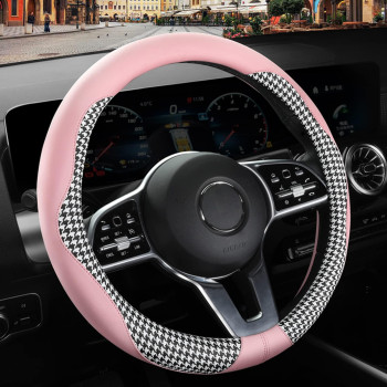 Binsheo Stylish Leather D Shape Steering Wheel Cover for Women Men, Fashionable Steering Wheel Cover Anti-Slip 15 inch, Pink