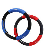 2 Pack Black Carbon-Fiber Steering Wheel Cover with Grip Steering Wheel Accessory,Sport Style Universal Fit 14.5-15.25 inch Steering Wheel (Red Grip+Blue Grip)