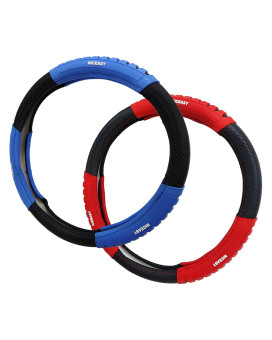 2 Pack Black Carbon-Fiber Steering Wheel Cover with Grip Steering Wheel Accessory,Sport Style Universal Fit 14.5-15.25 inch Steering Wheel (Red Grip+Blue Grip)