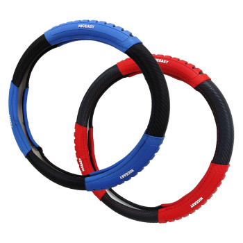 2 Pack Black Carbon-Fiber Steering Wheel Cover with Grip Steering Wheel Accessory,Sport Style Universal Fit 14.5-15.25 inch Steering Wheel (Red Grip+Blue Grip)