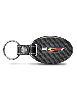 iPick Image for Cadillac V Logo Black Real Carbon Fiber Oval Shape with Black Leather Strap Key Chain Keychain, Official Licensed