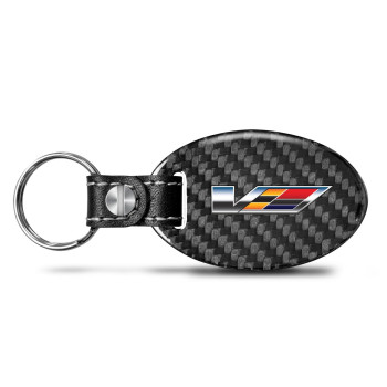 iPick Image for Cadillac V Logo Black Real Carbon Fiber Oval Shape with Black Leather Strap Key Chain Keychain, Official Licensed