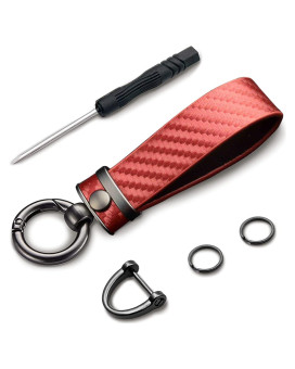 Ziciner Carbon Fiber Car Key Chain, Universal Premium Leather Car Key Fob, 360 Degree Rotatable with Anti-Lost D-Ring (Red)