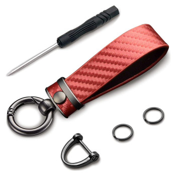 Ziciner Carbon Fiber Car Key Chain, Universal Premium Leather Car Key Fob, 360 Degree Rotatable with Anti-Lost D-Ring (Red)