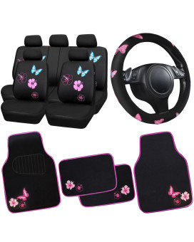 CAR PASSUniversal Butterfly Cloth Car Seat Covers Front Set, Embroidered Flower Waterproof Car Floor Mats Carpet, Butterflies Steering Wheel Cover for Car Accessories Interior Sets (Black and Purple)