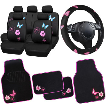 CAR PASSUniversal Butterfly Cloth Car Seat Covers Front Set, Embroidered Flower Waterproof Car Floor Mats Carpet, Butterflies Steering Wheel Cover for Car Accessories Interior Sets (Black and Purple)