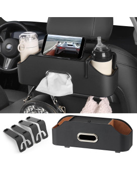 Sancaral Back Seat Car Organizer - with 2 drink car seat cup holders, a tissue box holder for the car, and a multifunctional car storage box with 2 hooks, perfect for kids and travel. (Black)