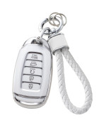 YaSeim Soft TPU Key Fob Cover Protector Compatible with Hyundai Palisade Elantra GT Accent Kona Santa Fe Veloster 5 Buttons Smart Remote Accessories with Leather Keychain (White&Silver)