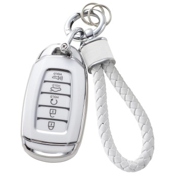 YaSeim Soft TPU Key Fob Cover Protector Compatible with Hyundai Palisade Elantra GT Accent Kona Santa Fe Veloster 5 Buttons Smart Remote Accessories with Leather Keychain (White&Silver)