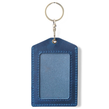 ID Card Badge Holder - Full Grain Leather Keychain Card Holder Key Ring Name Tag Holders with Clear ID Window