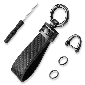 QUICTO Carbon Fiber Style Car Keychain, Removable Leather Keychain, Anti-Lost D-Ring, 360 Degree Rotating Keychain, Unisex Keychain (Black)