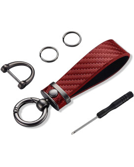 Carbon Fiber Style Car Keychain, Universal Key Chains Microfiber Leather for Men and Women, Rotatable with Anti-Lost D-Ring (Red)