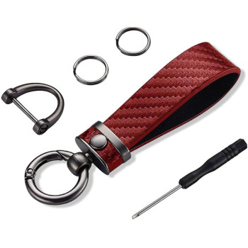 Carbon Fiber Style Car Keychain, Universal Key Chains Microfiber Leather for Men and Women, Rotatable with Anti-Lost D-Ring (Red)