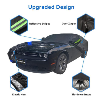 Avecrew Dodge Challenger Car Cover Waterproof All Weather for Automobiles, Outdoor Full Exterior Covers Fit 2008-2022 Dodge Challenger with Windproof Strap and Driver Door Zipper