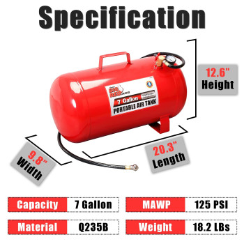 Big Red T88007 Torin Portable Horizontal Air Tank With 36 Hose 7 Gallon Capacity Red