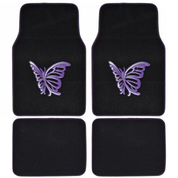 Bdk Purple White Butterfly Design Carpet Car Floor Mats For Auto Van Truck Suv4 Pieces Front Rear Full Set With Rubber Backin