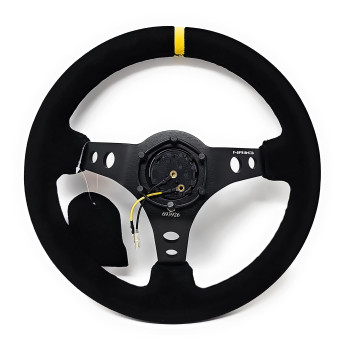 Nrg Steering Wheel 06 Deep Dish 350Mm 1378 Inches Black Suede With Black Spokesyellow Stripe Part St006Sy