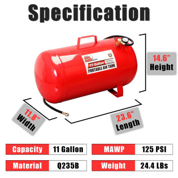 Big Red T88011 Torin Portable Horizontal Air Tank With 50 Hose 11 Gallon Capacity Red