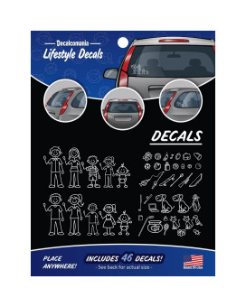 White Line Stick Figure Family Car Stickers Diy Kit Includes 46 Decals Mom Dad Boy Girl Baby Cat Dog Fish Accessories