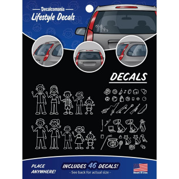 White Line Stick Figure Family Car Stickers Diy Kit Includes 46 Decals Mom Dad Boy Girl Baby Cat Dog Fish Accessories