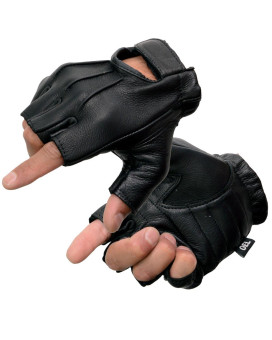 Shaf International Sh878 Mens Black Leather Gel Padded Palm Fingerless Motorcycle Hand Gloves Welted Genuine Usa Deerskin Xxx