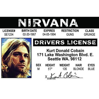 Signs 4 Fun Parody Drivers License Kurt Cobain Id Fake Id Novelty Card Collectible Trading Card Drivers License Novelty