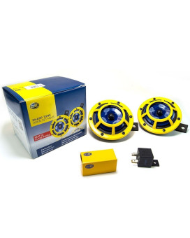 Hella H31000001 Sharptone 12V High Tone Low Tone Twin Horn Kit With Yellow Protective Grill Includes Relay 2 Horns