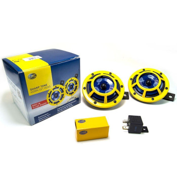 Hella H31000001 Sharptone 12V High Tone Low Tone Twin Horn Kit With Yellow Protective Grill Includes Relay 2 Horns