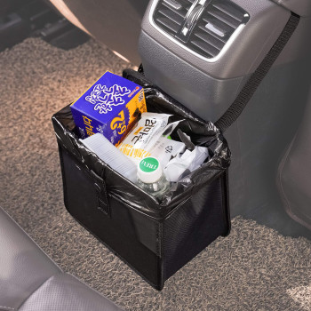 Kmmotors Car Trash Can Leather Trash Bag Foldable Hanging Bin Cute Car Gadgets Garbage Container Vegan Leathermedium Black