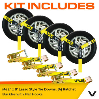 Vulcan Car Tie Down With Flat Hooks Lasso Style 2 Inch X 96 Inch 4 Pack Classic Yellow 3 300 Pound Safe Working Load