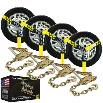 Vulcan Car Tie Down With Chain Anchors Lasso Style 2 Inch X 96 Inch 4 Pack Classic Yellow 3 300 Pound Safe Working Loa