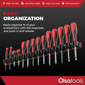 Olsa Tools Premium Wall Mount Screwdriver Organizer Red Nylon Black Clips Holds 14 Screwdrivers