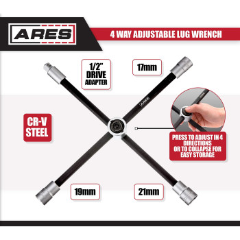 Ares 70092 4Way Sliding Lug Wrench Adjustable Sliding Lug Wrench Gives Superior Leverage Collapses For Convenient Storage