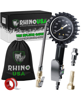 Rhino Usa Tire Inflator With Pressure Gauge 0100 Psi Ansi B401 Accurate Large 2 Easy Read Glow Dial Premium Braided Ho