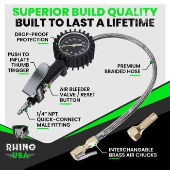 Rhino Usa Tire Inflator With Pressure Gauge 0100 Psi Ansi B401 Accurate Large 2 Easy Read Glow Dial Premium Braided Ho