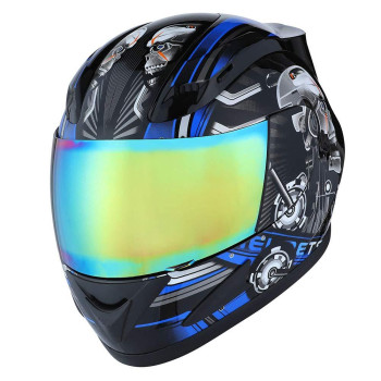 1Storm Motorcycle Bike Full Face Helmet Mechanic Skull Tinted Visor Blue