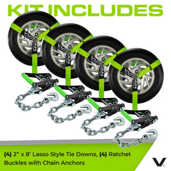 Vulcan Car Tie Down With Chain Anchors Lasso Style 2 Inch X 96 Inch 4 Pack Highviz 3 300 Pound Safe Working Load