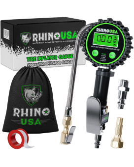 Rhino Usa Digital Tire Inflator With Pressure Gauge 0200 Psi Ansi B407 Accurate Large 2 Easy Read Glow Dial Premium Br