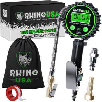 Rhino Usa Digital Tire Inflator With Pressure Gauge 0200 Psi Ansi B407 Accurate Large 2 Easy Read Glow Dial Premium Br