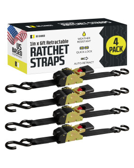DC Cargo - Auto Retracting Ratchet Straps (4 Pack 1 inch x 6') - Heavy Duty Tie Down Retractable Ratchet Straps - Easy Self Contained Black Ratchet Strap Tie Downs for Trailers, Vehicles, Boat